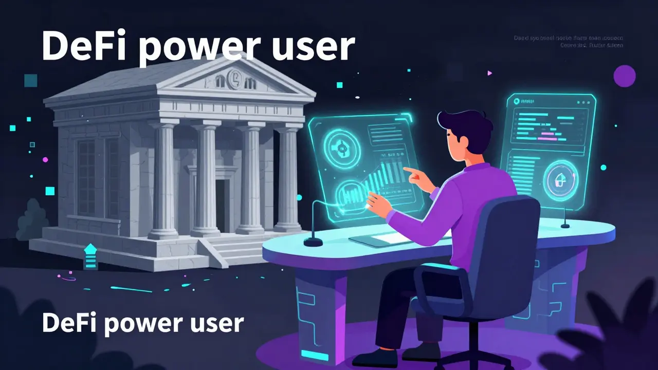 A digital user managing a holographic financial interface, replacing a traditional bank.