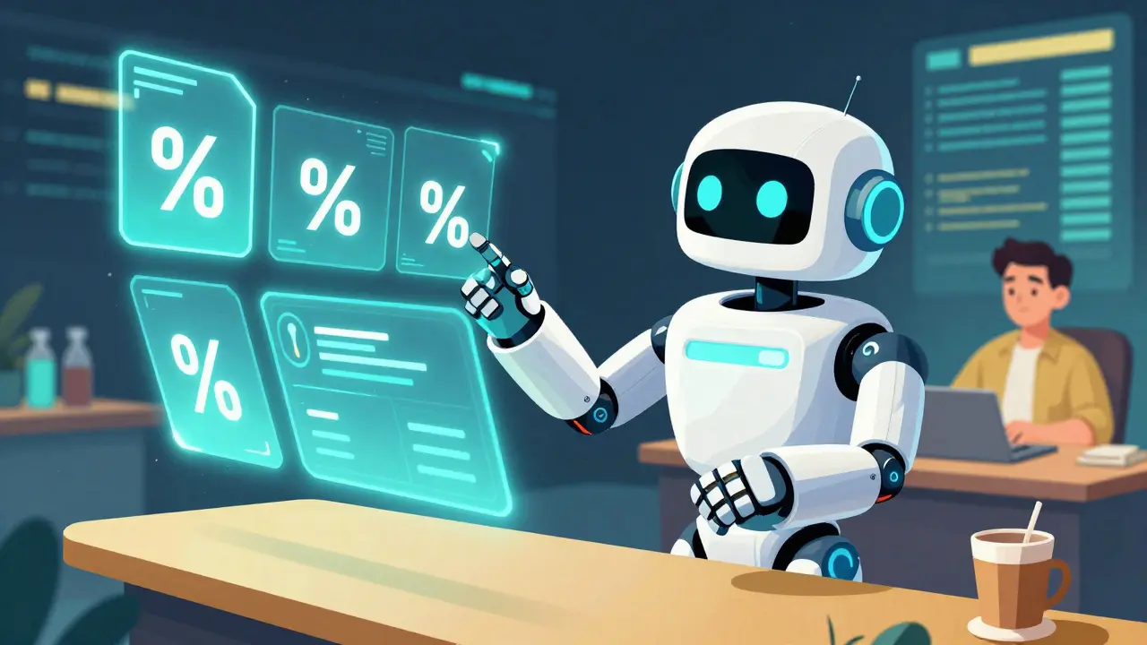 A friendly trading robot managing holographic price triggers to automate cryptocurrency trades.