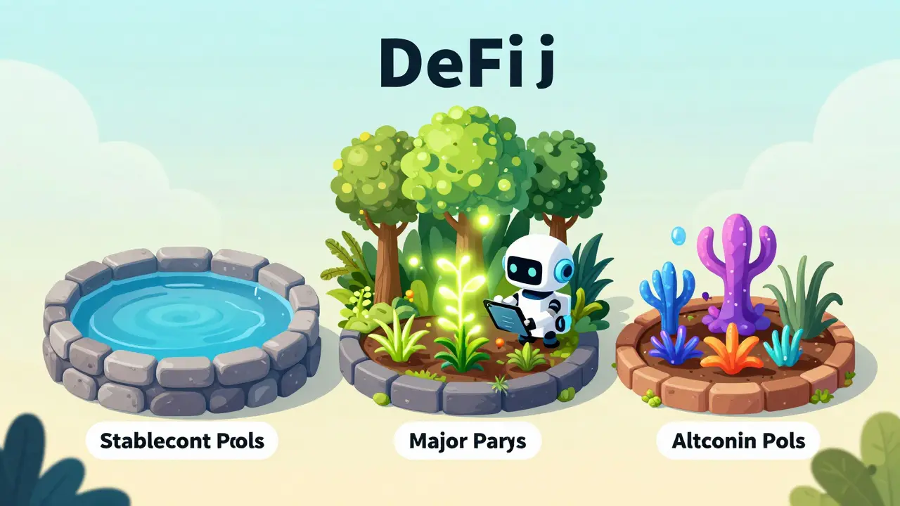A futuristic digital garden with different sections representing a diversified crypto liquidity portfolio.