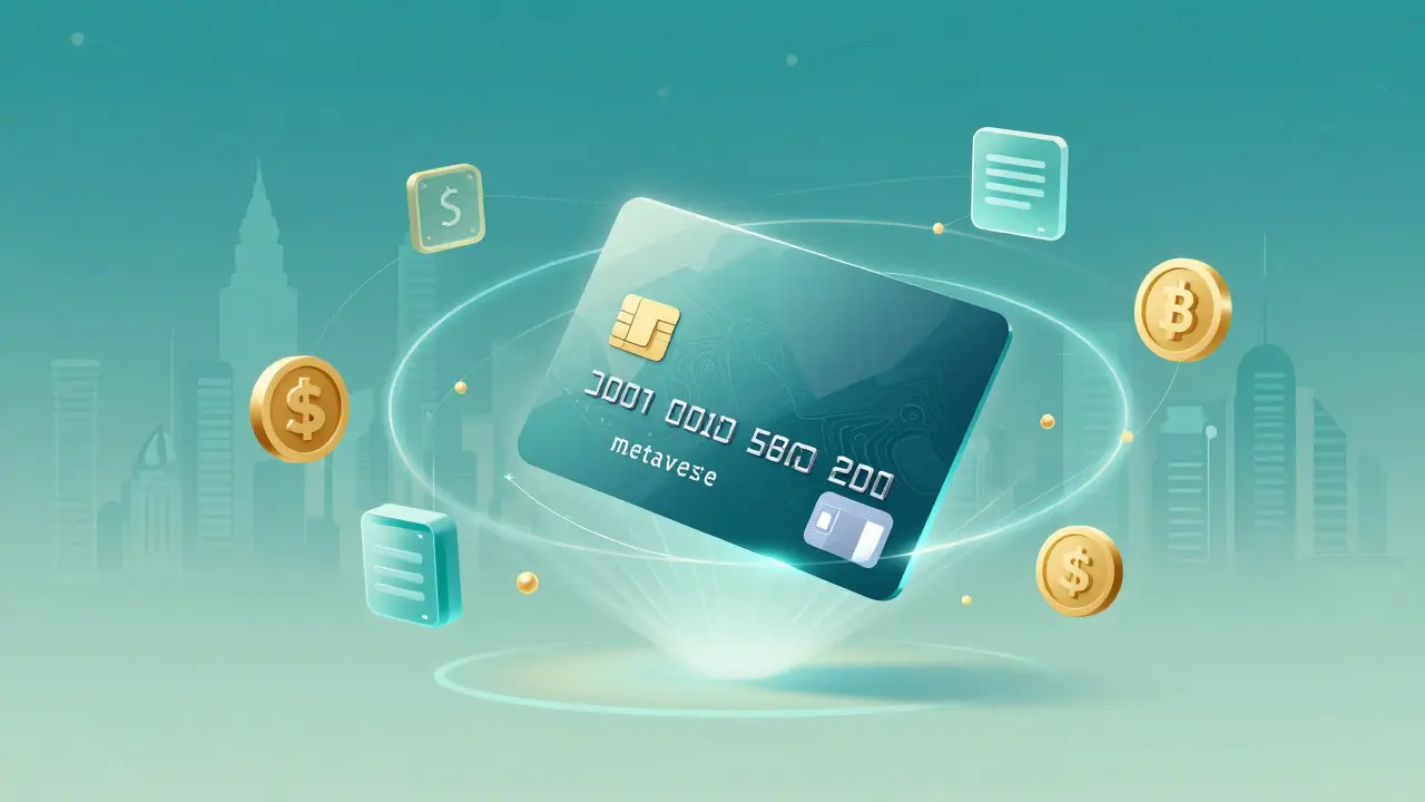 A futuristic holographic payment card connected to various cryptocurrency tokens.