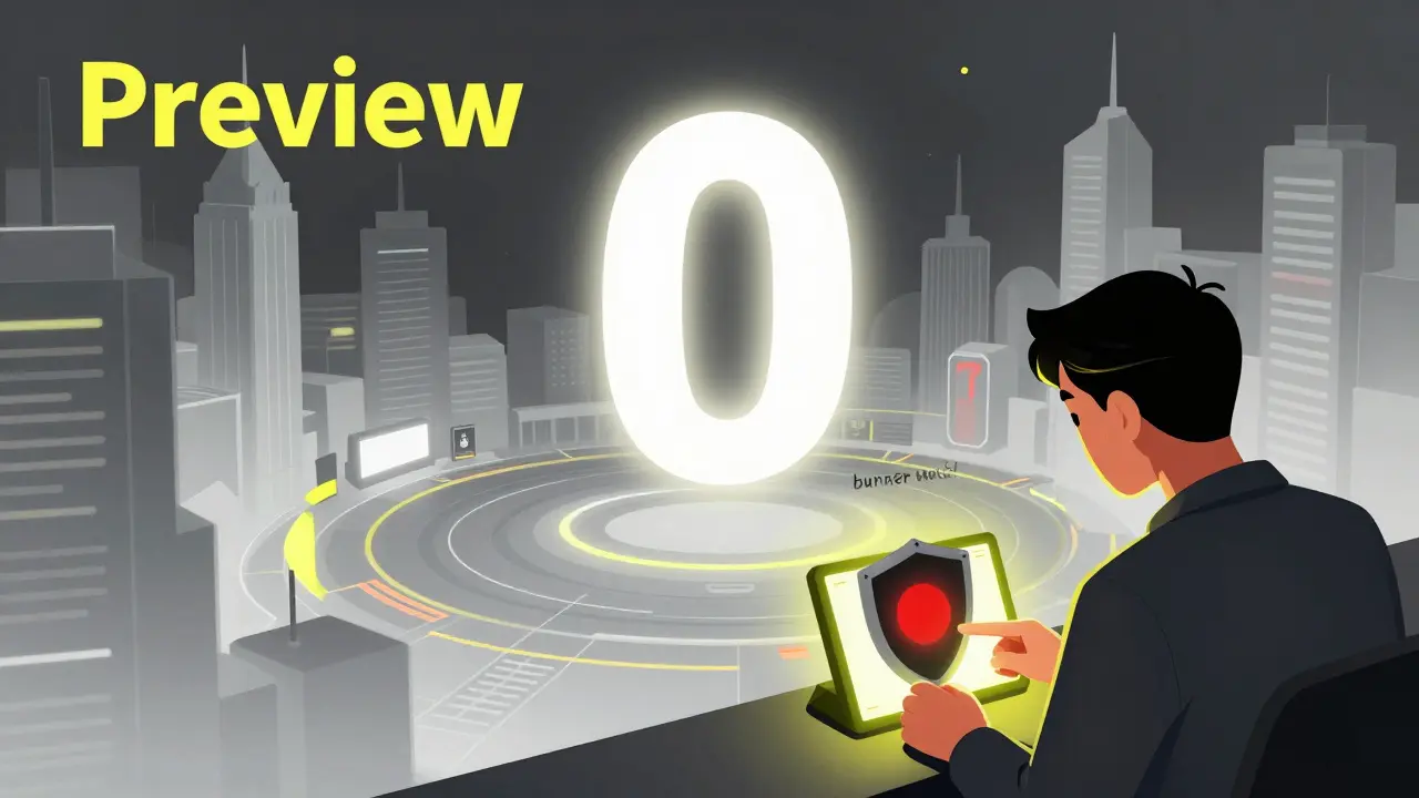 A ghostly digital city with a large zero and a user protecting assets with a burner wallet