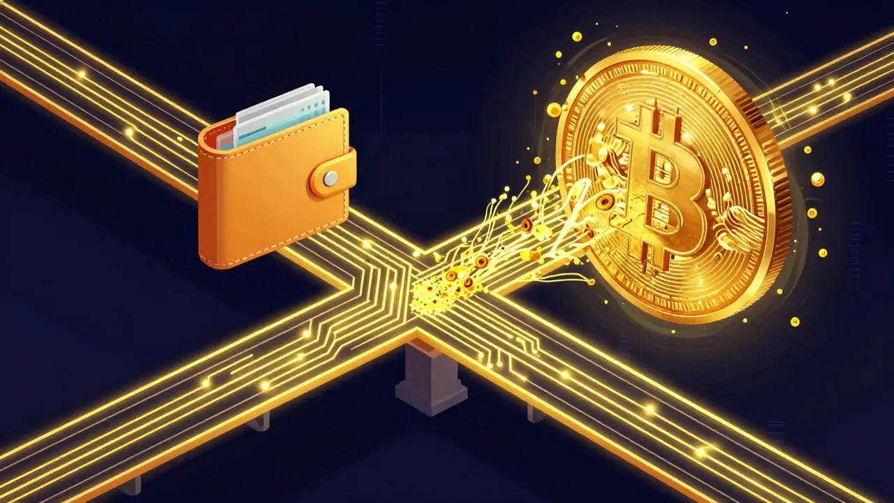 A glowing futuristic bridge transporting millions of tiny gold tokens into a wallet.