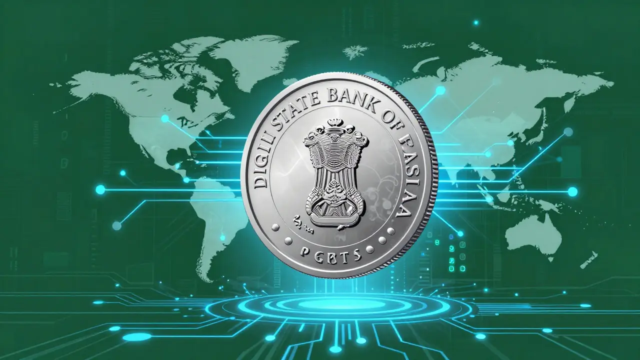 A high-tech Digital Pakistani Rupee coin surrounded by blue data streams and remittance arrows.