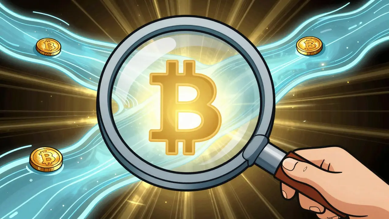 A magnifying glass focusing on a dense stream of cryptocurrency to show concentrated liquidity.