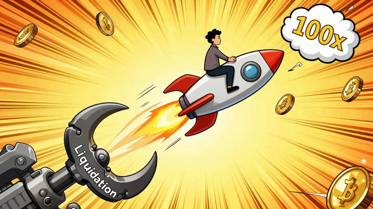 A person riding a crypto rocket toward 100x leverage with a liquidation claw below