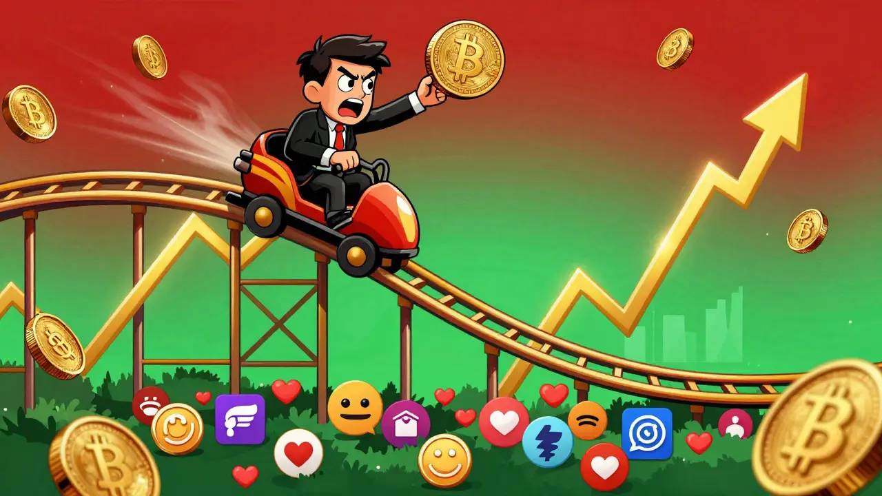 A person riding a volatile gold price chart like a roller coaster over social media icons.