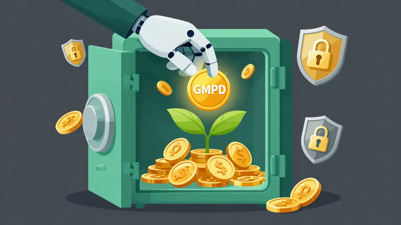 A robotic hand placing a GMPD token into a secure digital vault for staking rewards.