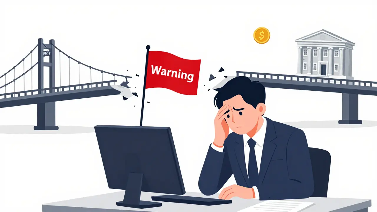 A stressed businessman facing a broken bridge between USDT and a European bank.