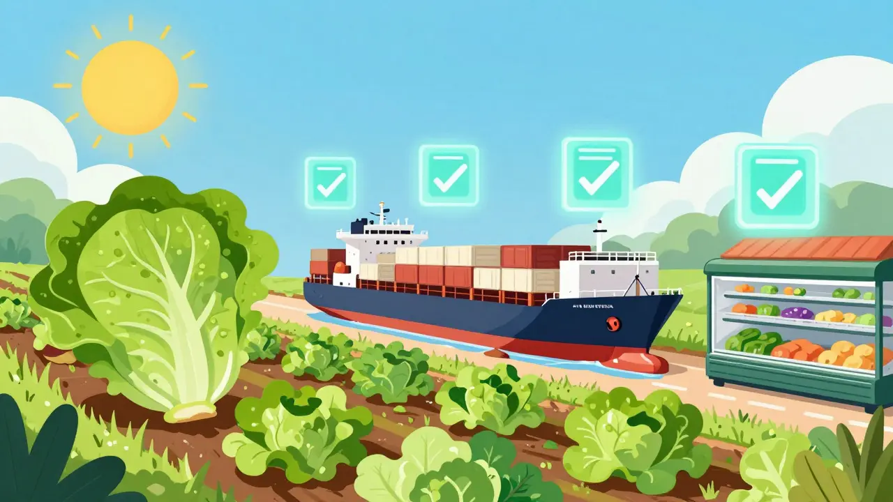 A supply chain showing a head of lettuce being tracked digitally from farm to store.