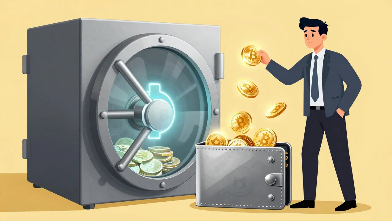A trader moving digital assets from a translucent exchange vault into a secure cold wallet.