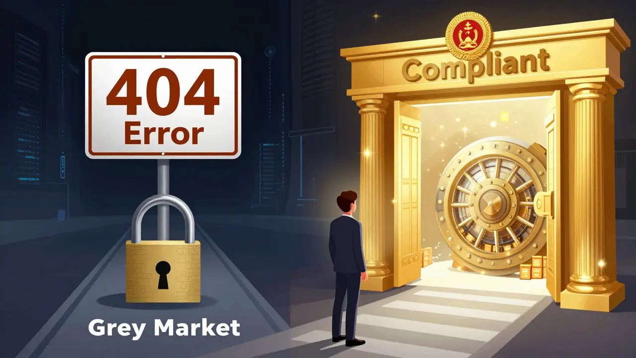 A user choosing between a blocked digital void and a secure, licensed cryptocurrency gateway.