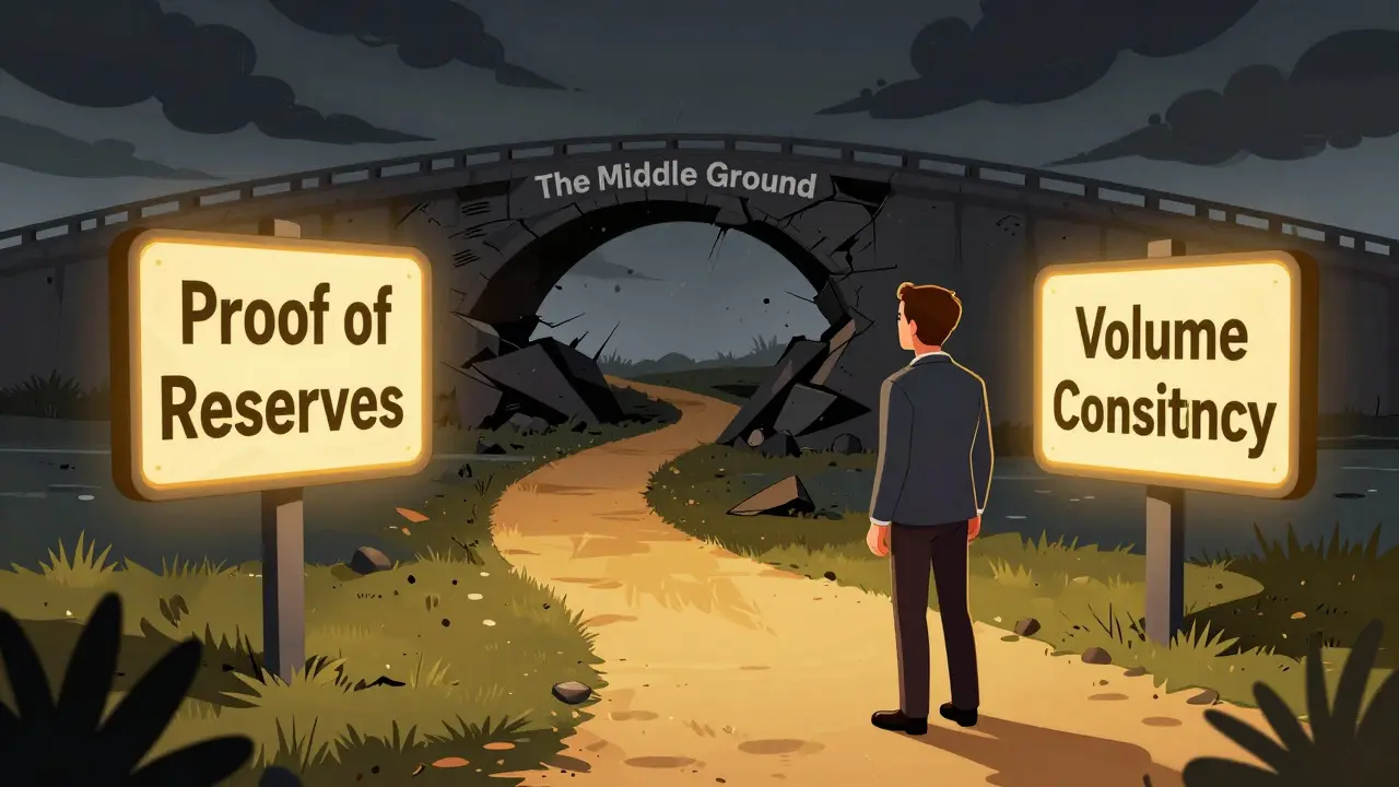 An investor choosing between three glowing signs of exchange safety while a bridge collapses behind.