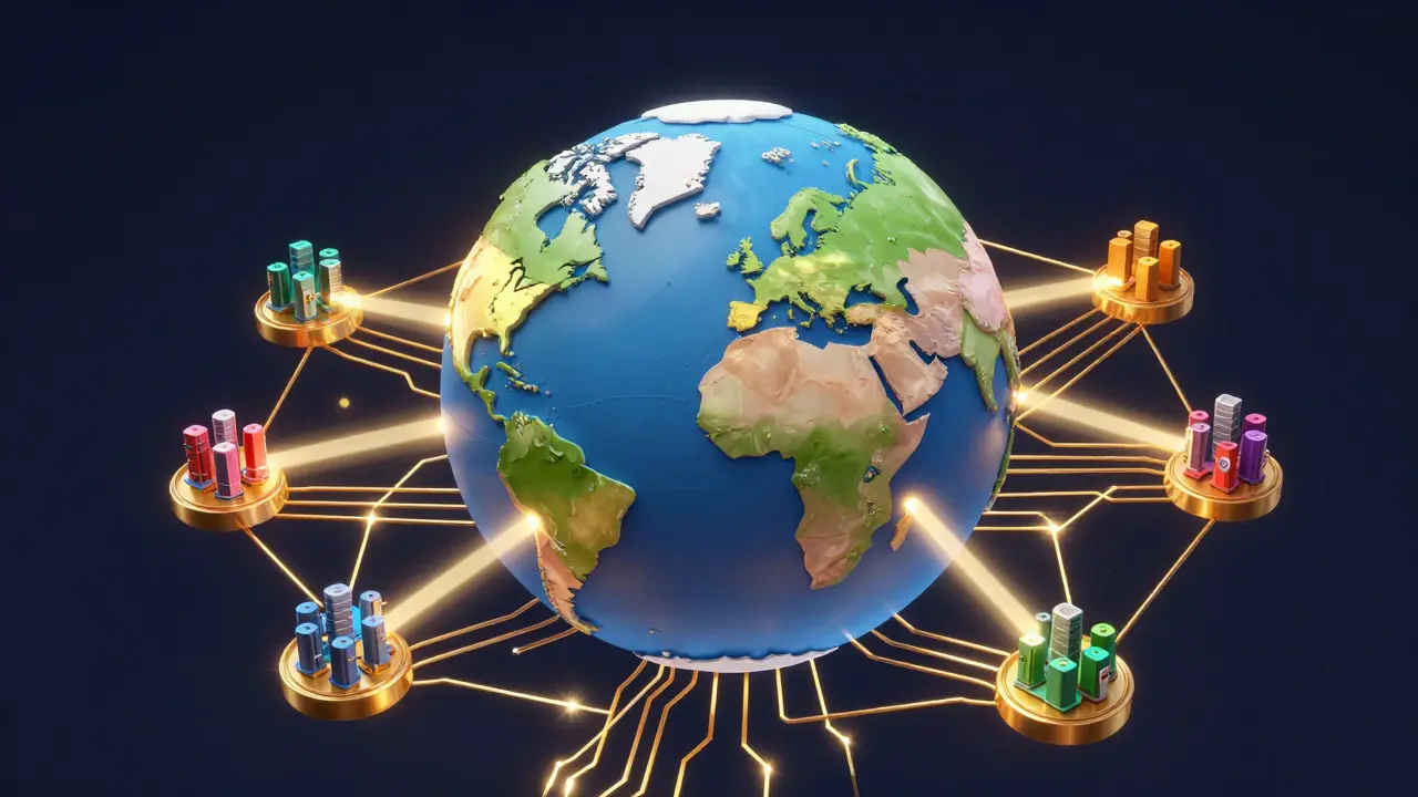 Cartoon illustration of a global network of mining hubs connected by golden circuits around the Earth.