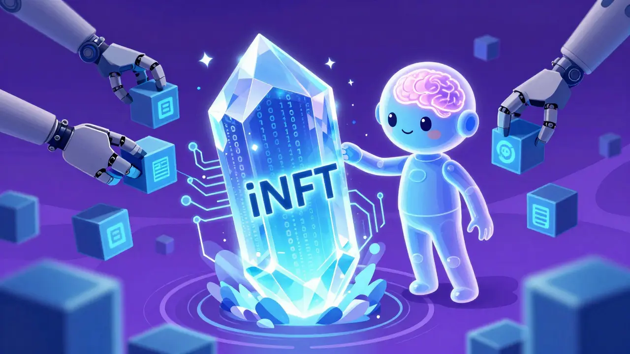 Cartoon of a glowing AI humanoid emerging from a digital crystal representing an iNFT.