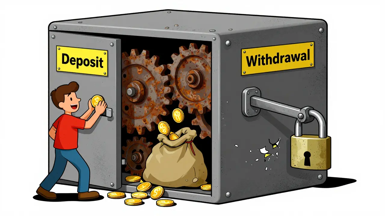 Cartoon showing a crypto deposit machine with a broken withdrawal lever and a hidden trap