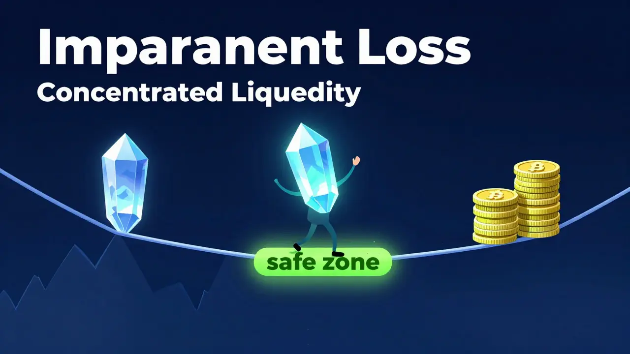 Character balancing assets on a price chart curve within a neon highlighted concentrated range.