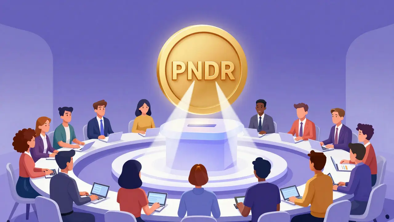 Community members casting digital votes to a floating PNDR token in a futuristic DAO forum.