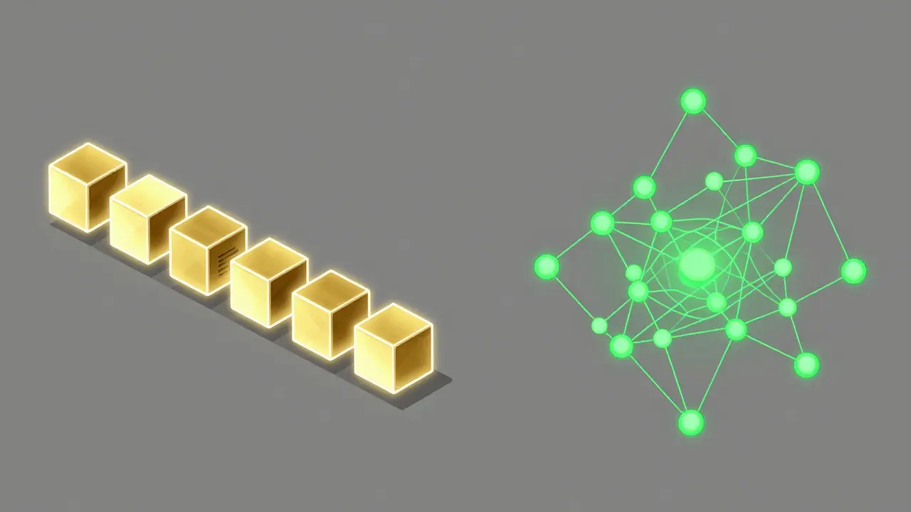 Comparison between a linear chain of blocks and a web-like graph of transactions.