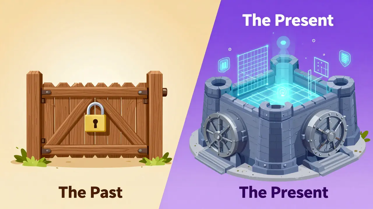 Comparison between a simple wooden lock and a high-tech digital fortress vault.