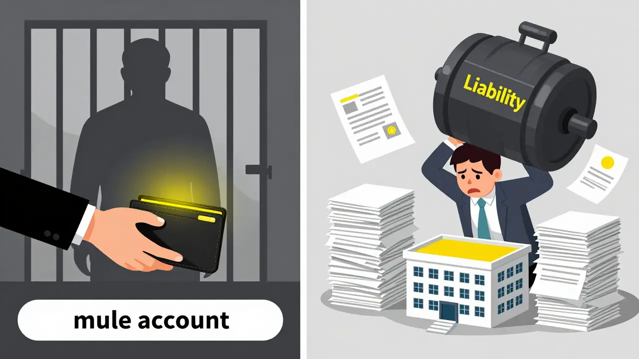 Conceptual illustration of a digital wallet exchange and a stressed executive facing legal liability.