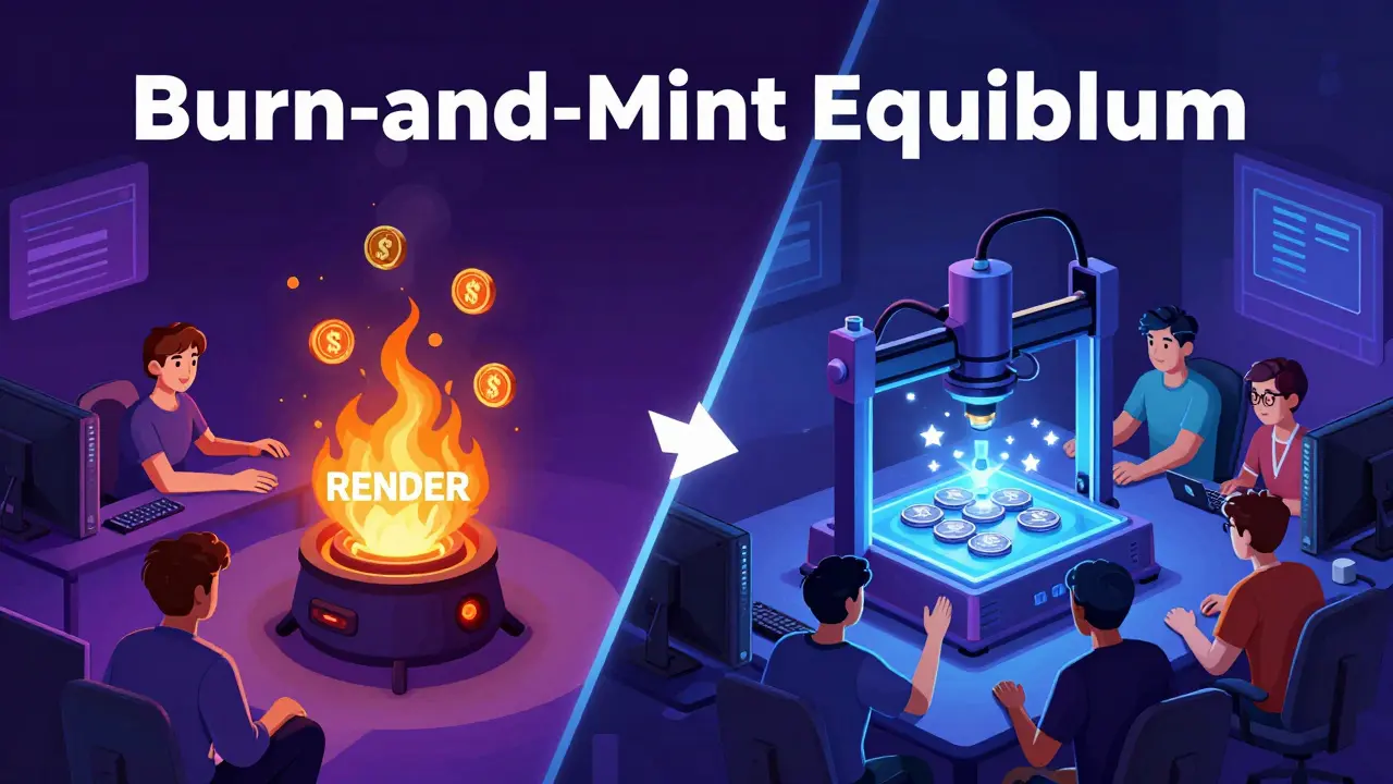 Conceptual illustration of the Render token burn-and-mint economic cycle