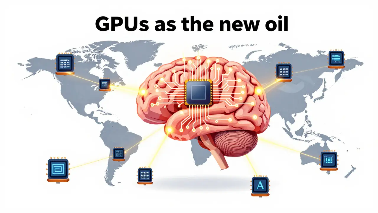 Distributed network of GPUs powering a large, glowing AI circuit brain