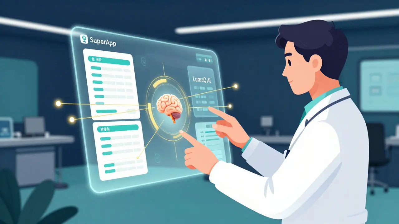 Doctor using a futuristic floating digital interface for healthcare management.