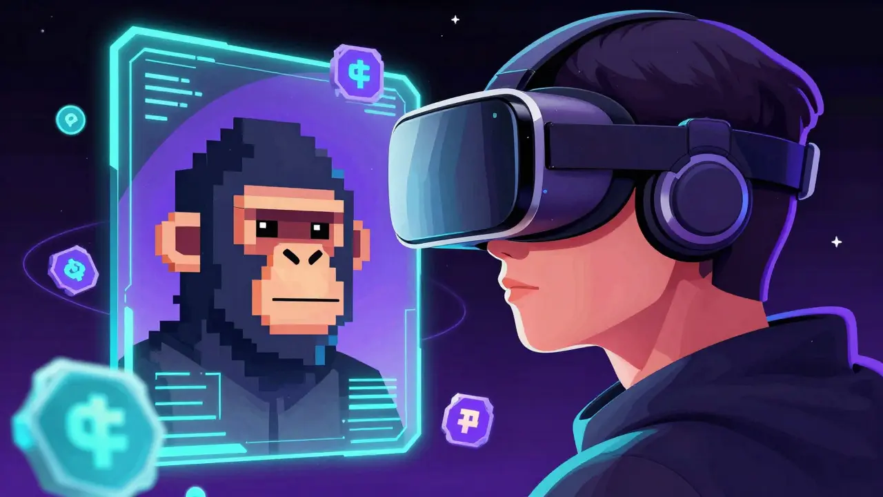 Editorial art of a person seeing a pixelated ape character as their reflection in a digital mirror.