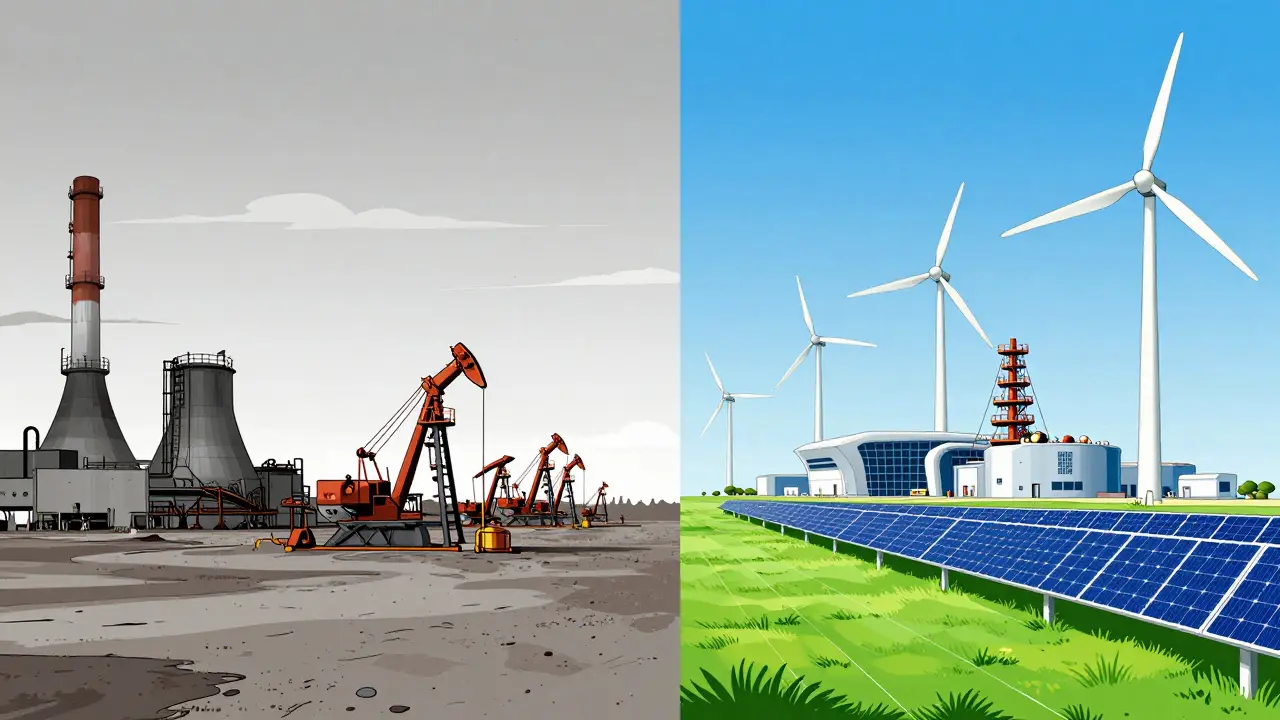Editorial illustration comparing coal-powered mining in Kazakhstan with renewable energy mining in Texas.