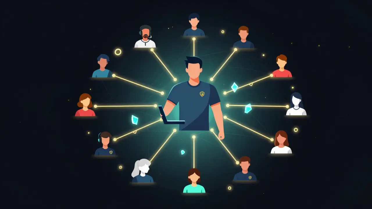 Fans connected by golden lines to a pro esports player representing fractional trading