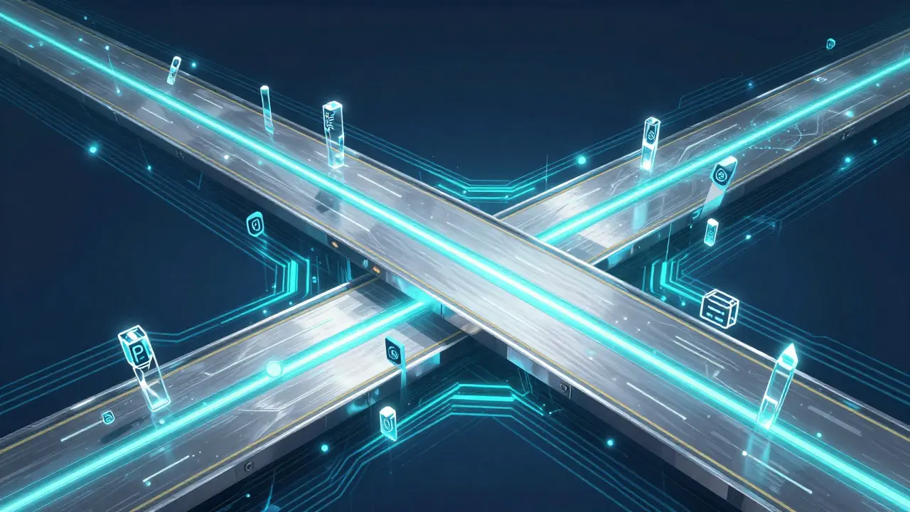 Futuristic glowing blue digital highway representing a scalable cryptocurrency network.