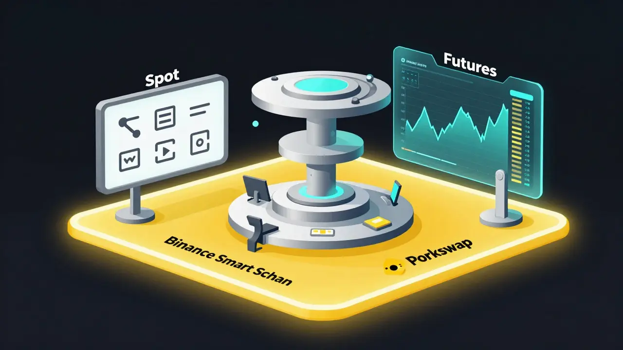 Futuristic trading hub on a yellow platform with spot and futures trading sections