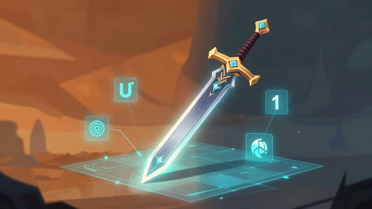 Illustration of a glowing sword moving between two different virtual gaming worlds via a data grid.