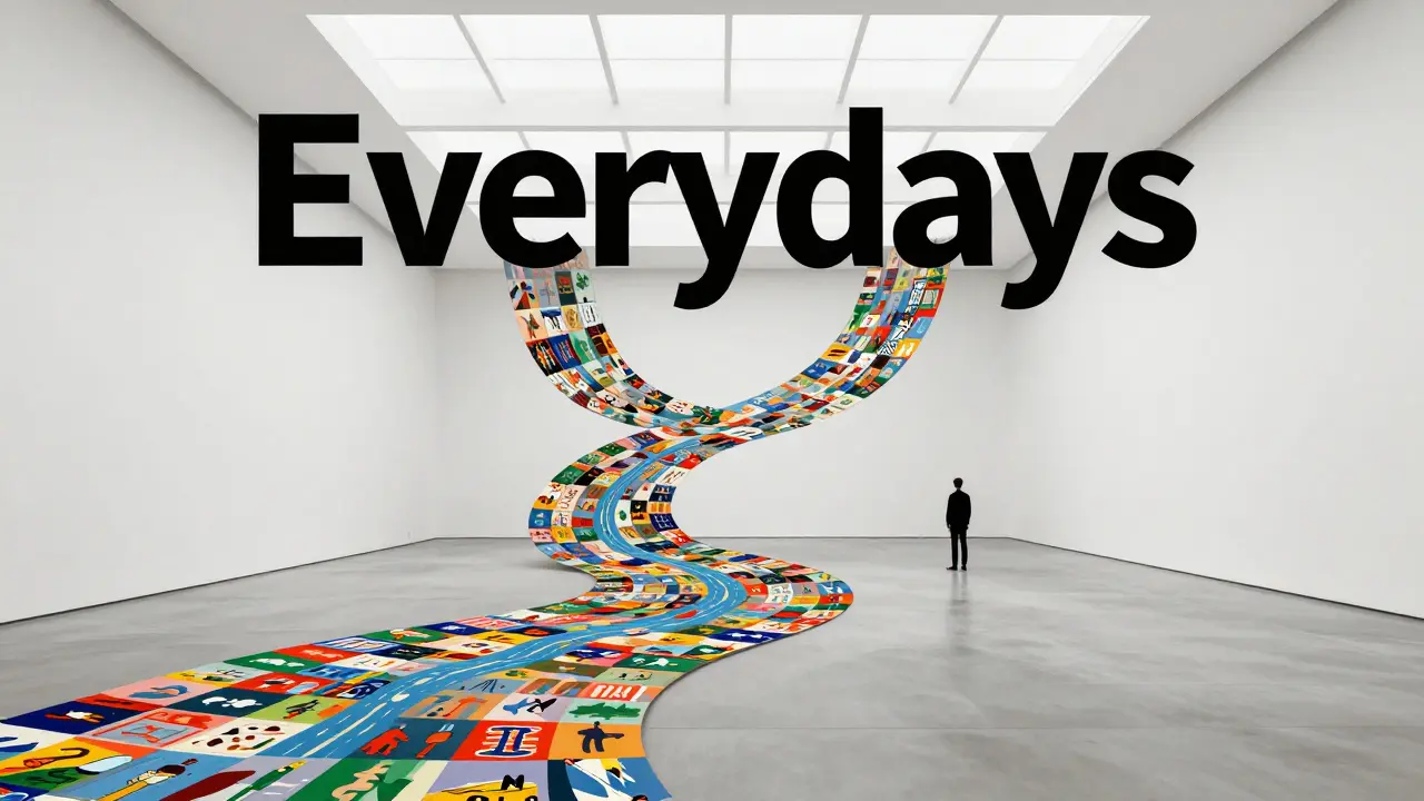 Illustration of a massive digital mosaic tapestry displayed in a minimalist white art gallery.