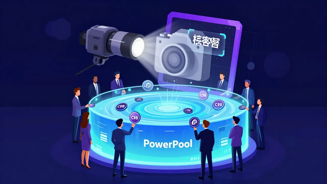 Investors placing tokens into a glowing digital pool being captured by a blockchain snapshot.
