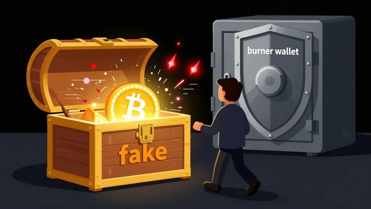 Person avoiding a glitchy, dangerous digital chest to stay secure in the crypto world.