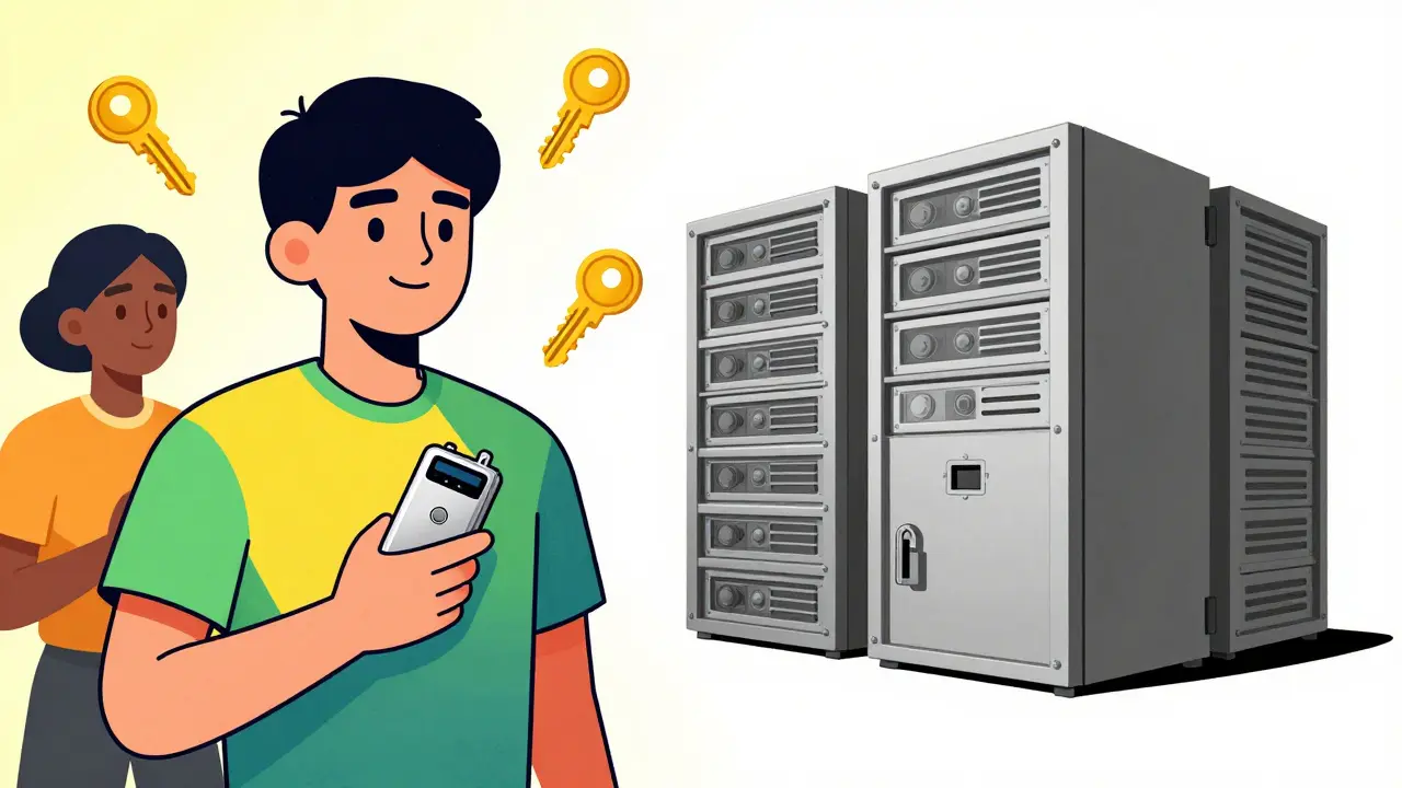 Person holding hardware wallet with keys versus distant server tower.