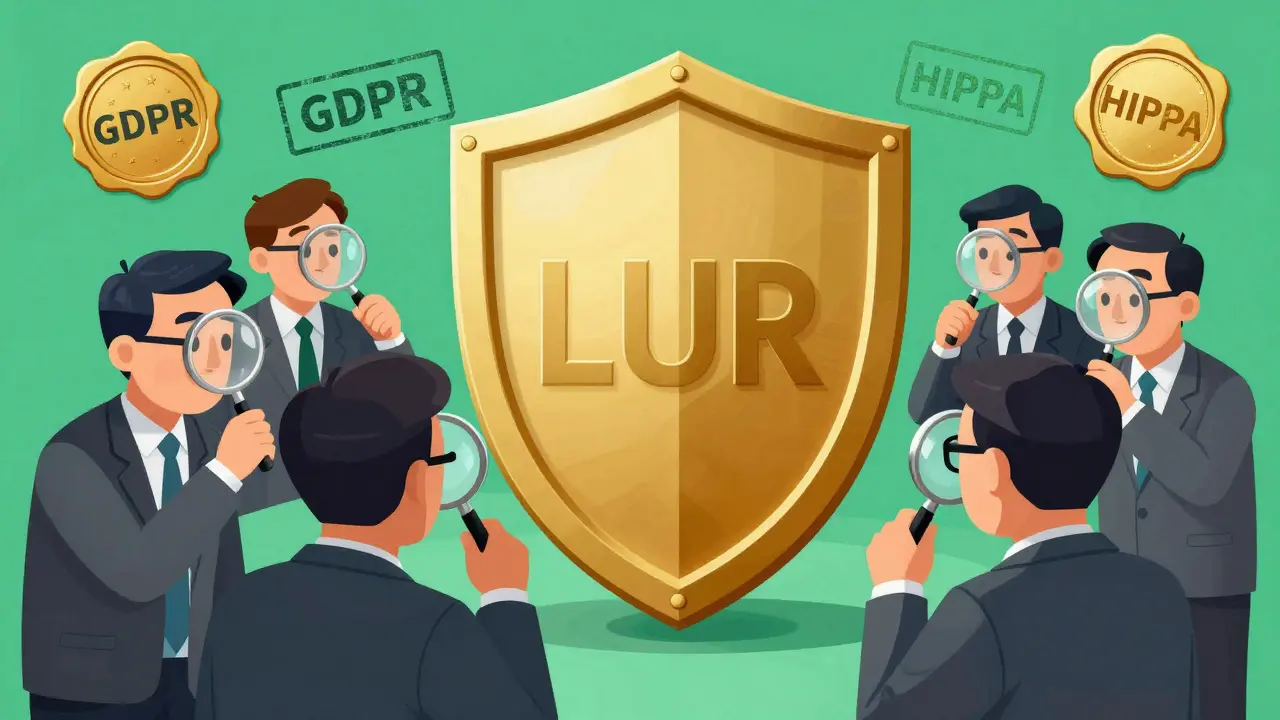 Professional auditors inspecting a golden security shield with compliance seals.