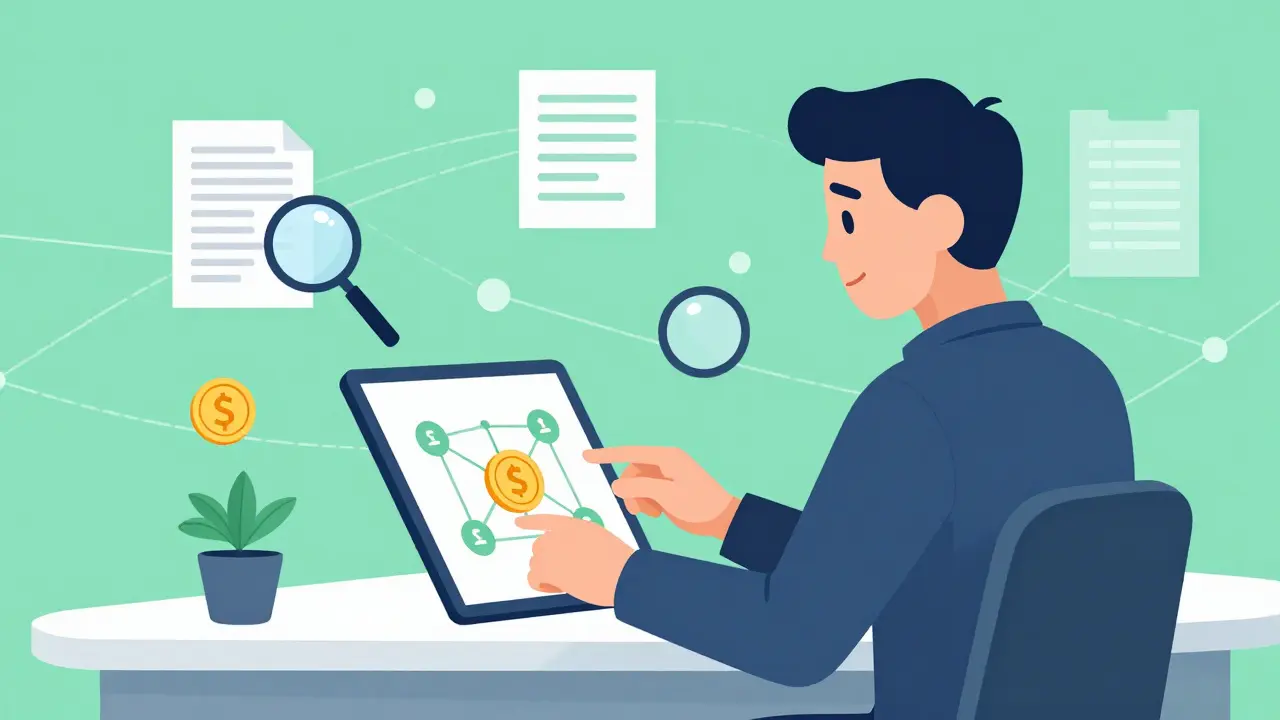 Professional tracking crypto transactions with magnifying glass and documents.