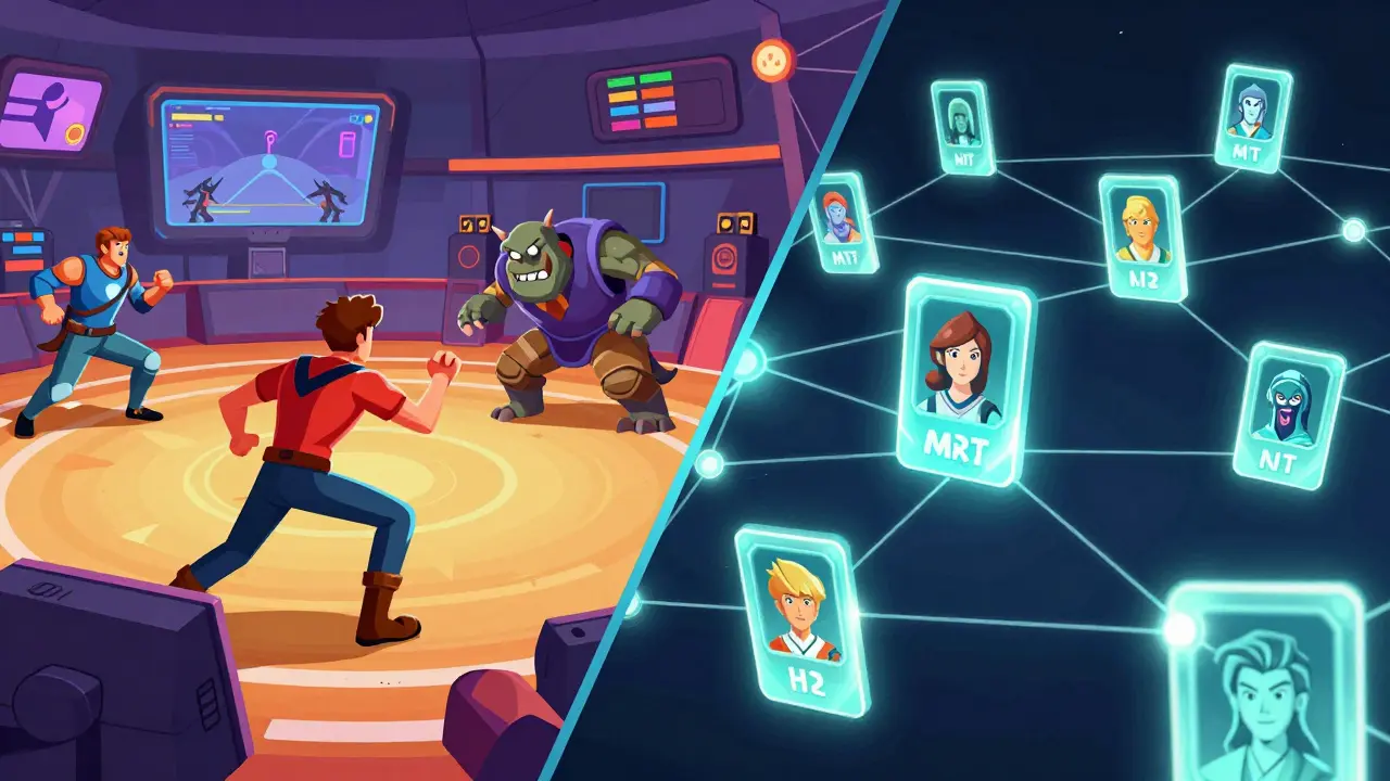 Split-screen showing a gaming battle and a blockchain network with NFT character cards.