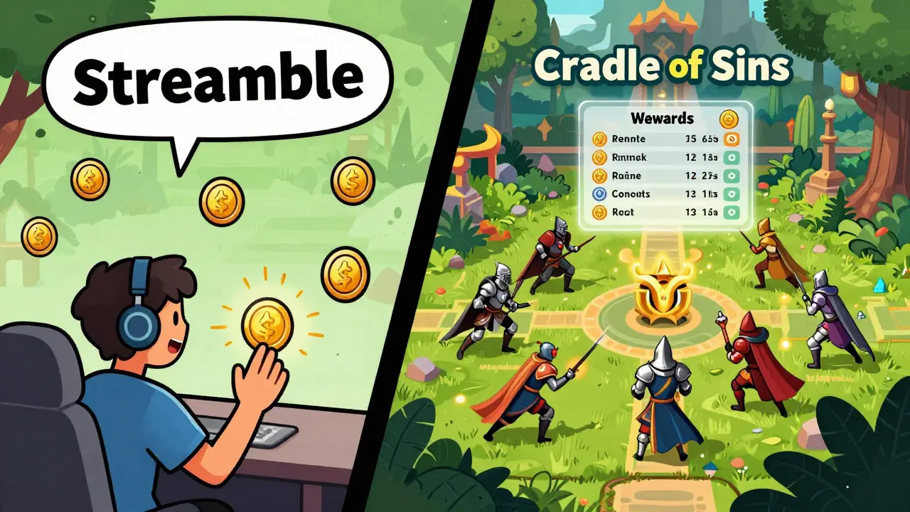Split screen showing an interactive gaming stream and a tactical fantasy battle with blockchain rewards