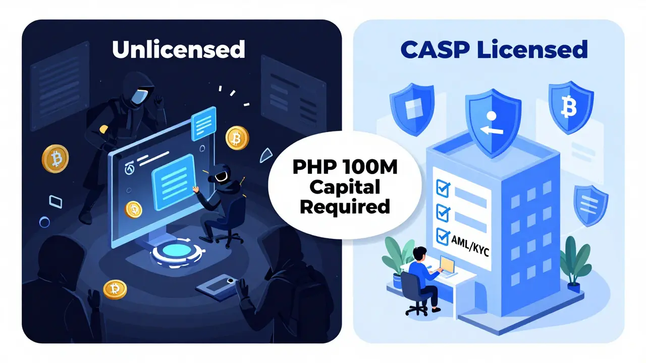 A comparative editorial cartoon highlighting the differences between unregulated crypto operations and compliant CASP-licensed businesses, emphasizing capital requirements and security measures in the Philippine market.