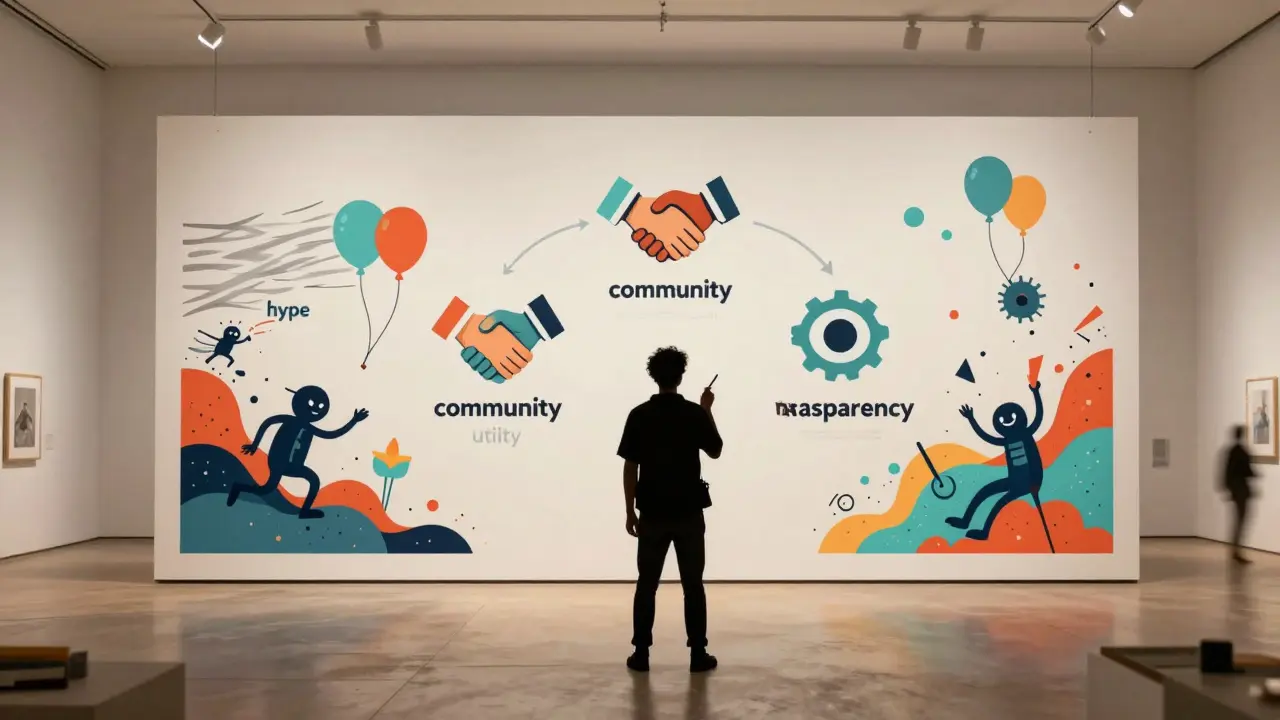 An artist contemplating a digital mural surrounded by symbols of utility.