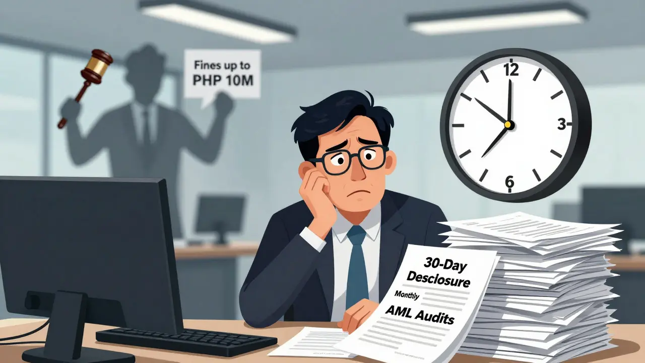 An expressive editorial illustration showing the administrative burden and compliance costs for crypto businesses in the Philippines, including documentation, audits, and potential fines for non-compliance.