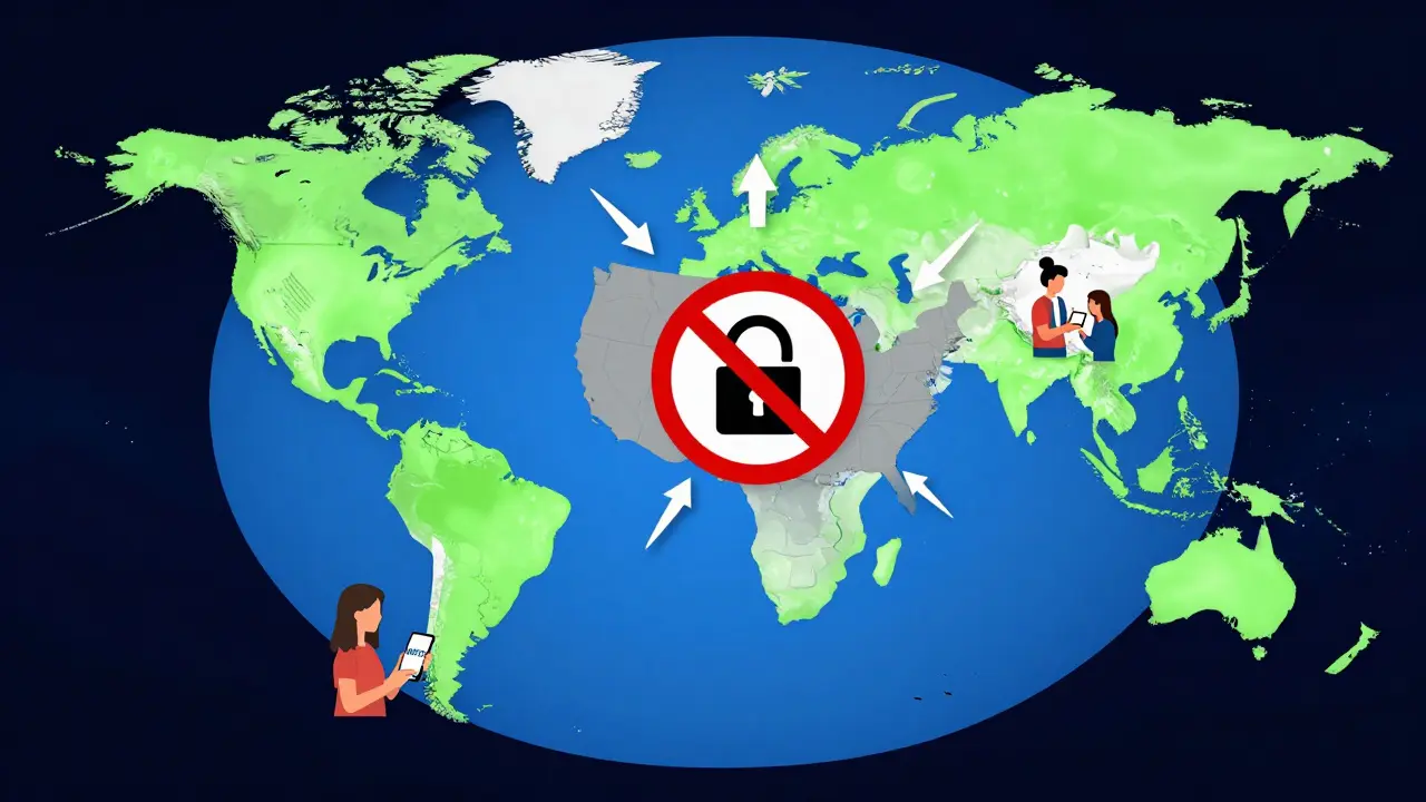 An infographic-style illustration depicting geographic restrictions on trading MSFTX, with the US blocked off and other regions having access.