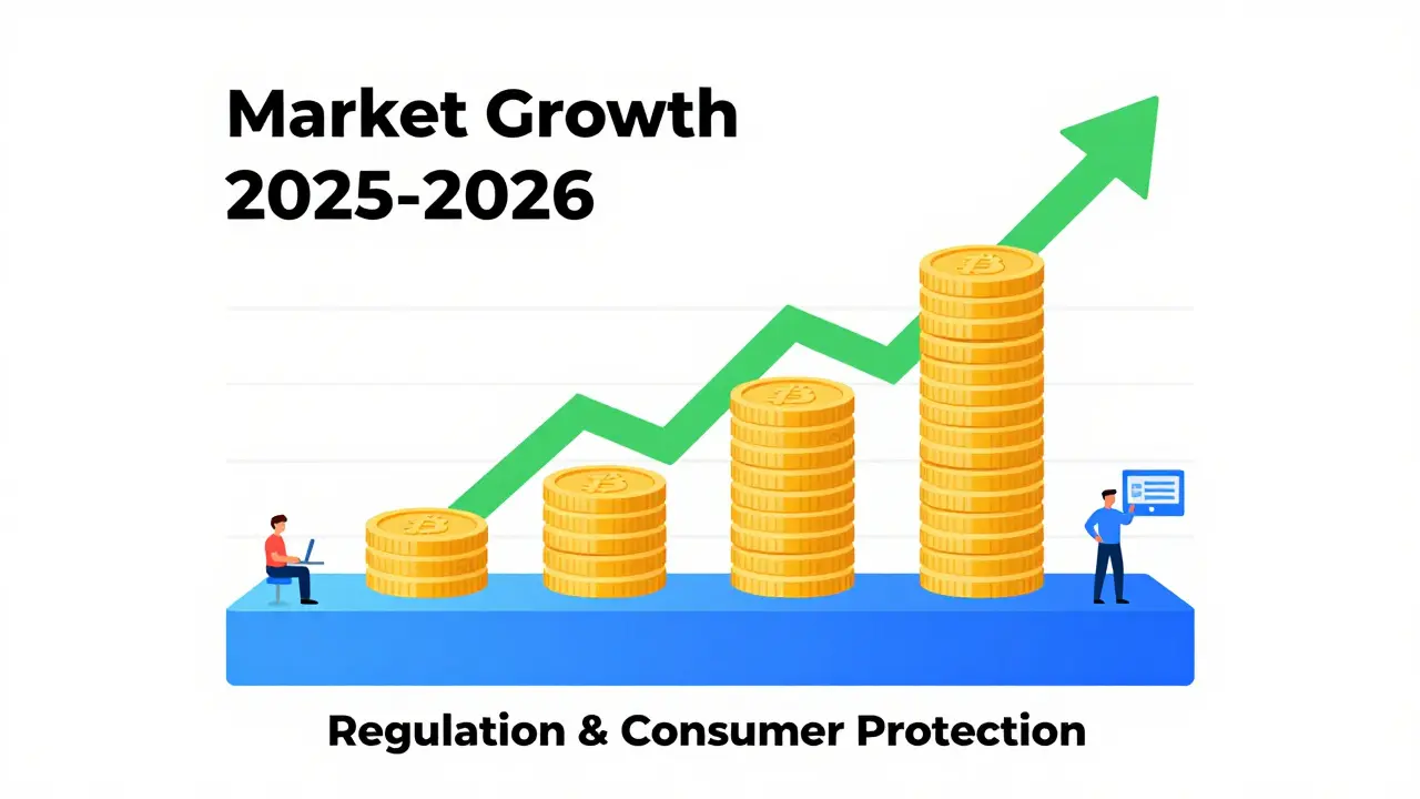 An optimistic editorial infographic illustrating the projected growth of the Philippine crypto market from 2025 to 2026, grounded by strong regulatory frameworks and consumer protection measures.