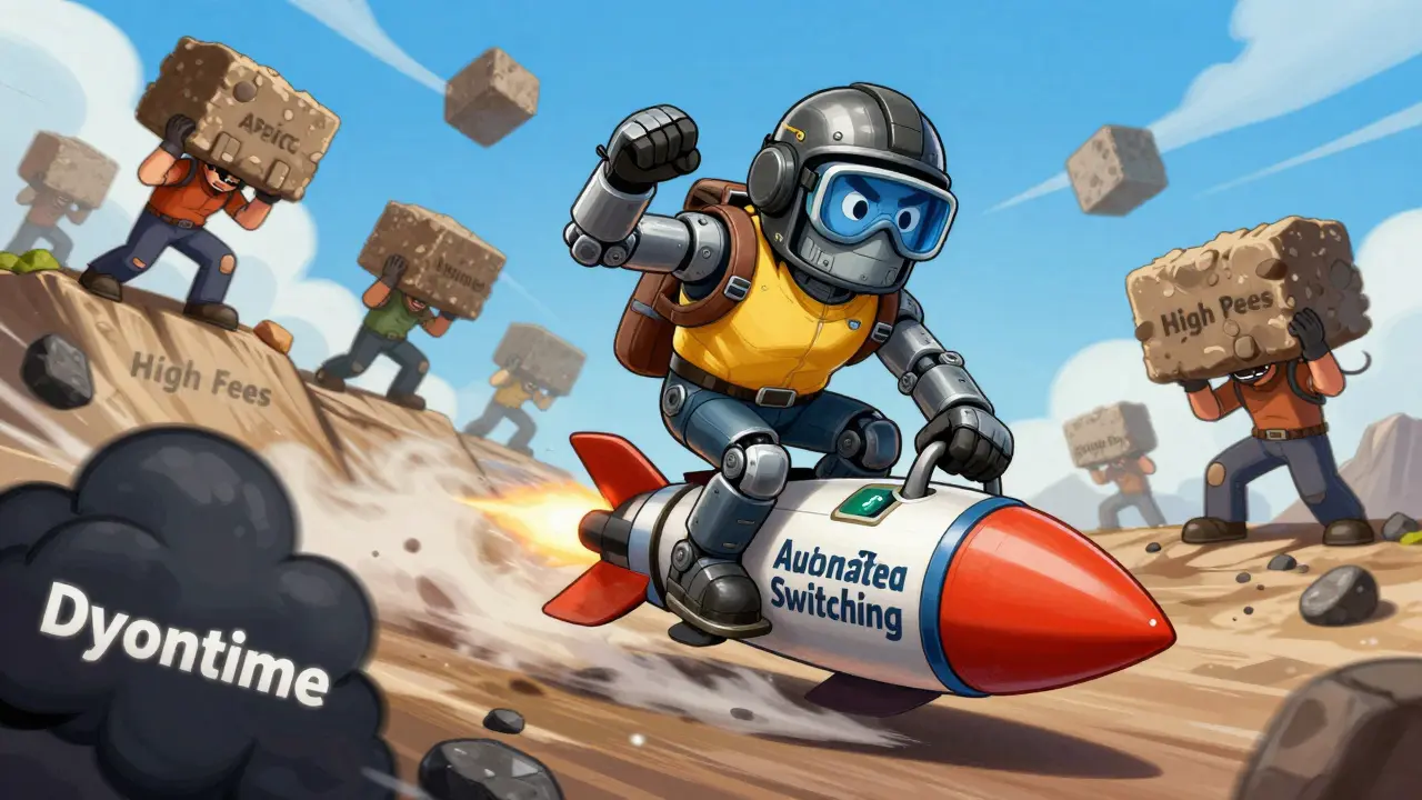 Anthropomorphic miner on a rocket avoiding downtime while others struggle manually.
