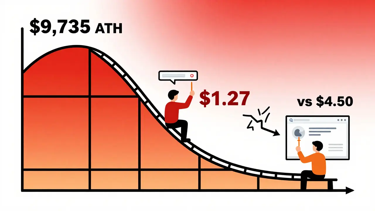 Cartoon chart showing extreme WDOT price volatility and data discrepancies.