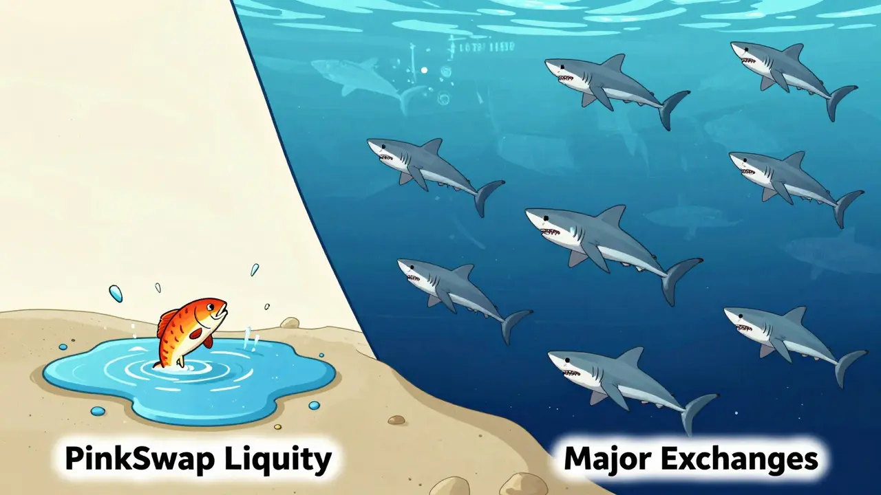 Cartoon comparing PinkSwap's low liquidity to major exchanges' depth.