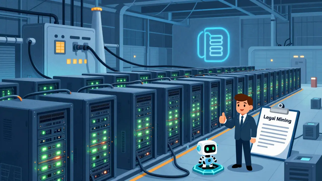 Cartoon depiction of a legal crypto mining facility in Russia, supported by the government for energy use.